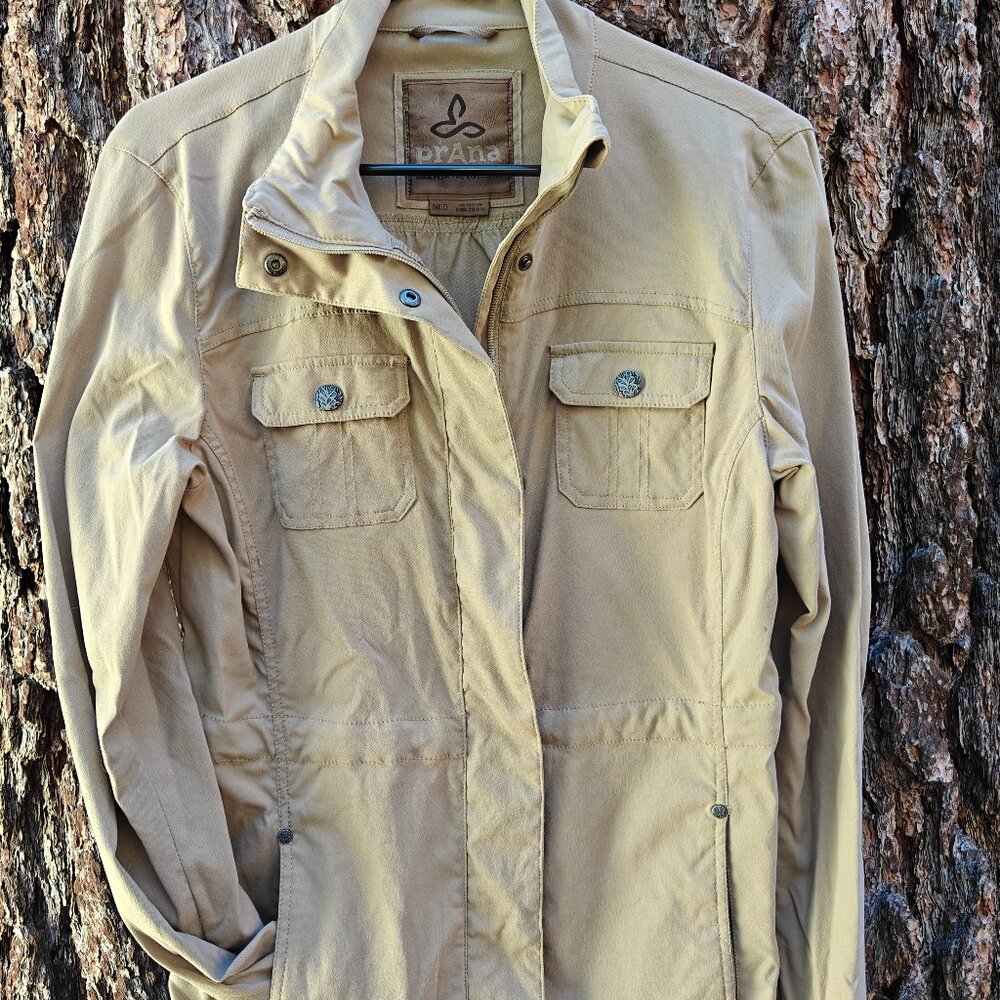 PRANA Halle Lightweight Travel Stretch Water Resistant Jacket Khaki Medium